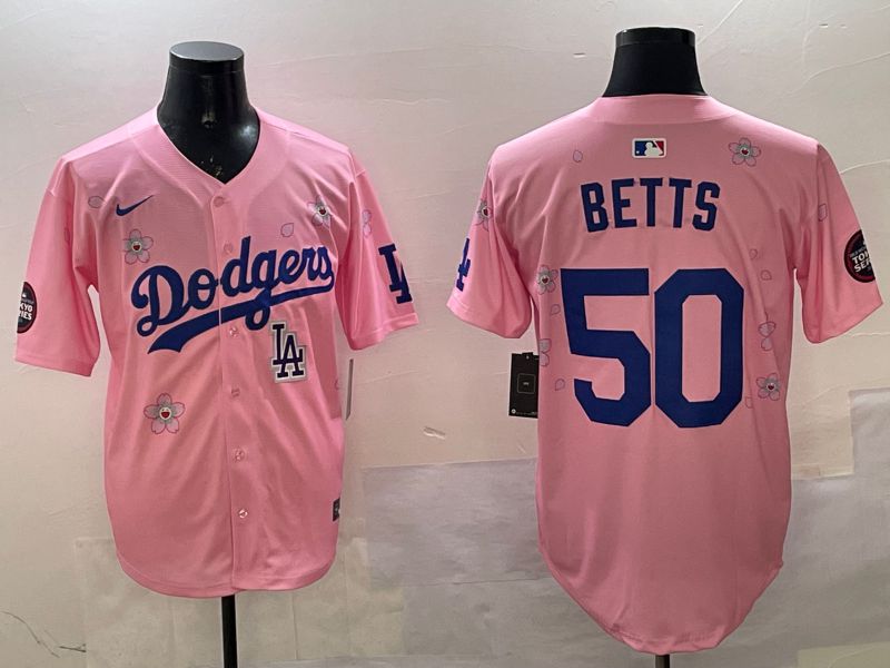 Men Los Angeles Dodgers 50 Betts Pink Sakura Edition 2025 Nike MLB Jersey style 10